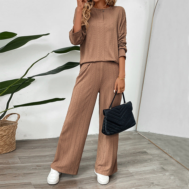 Damen Zweiteiliges Strick-Loungewear-Set mit Wide‑Leg-Hose und Henley-Oberteil Shop Nory