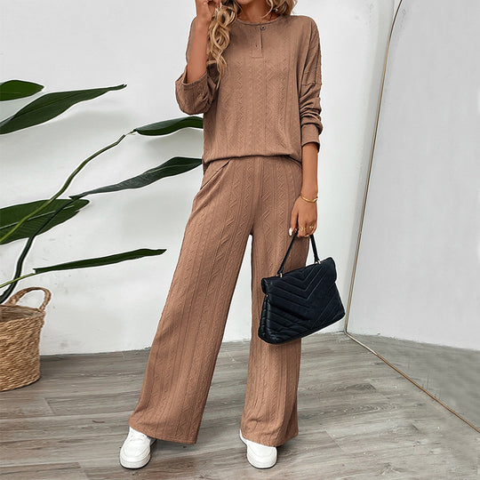 Damen Zweiteiliges Strick-Loungewear-Set mit Wide‑Leg-Hose und Henley-Oberteil Shop Nory