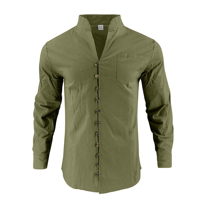 Herren Hemd mit Stehkragen und asymmetrischer Knopfleiste aus Leinenmix Shop Nory