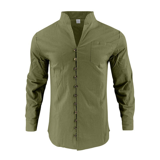 Herren Hemd mit Stehkragen und asymmetrischer Knopfleiste aus Leinenmix Shop Nory