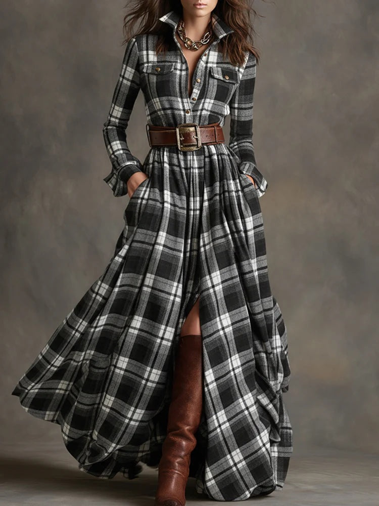 Damen nan karierte Maxikleid Hemdblusenkleid mit ausgestelltem Rock und breitem Taillengürtel Shop Nory