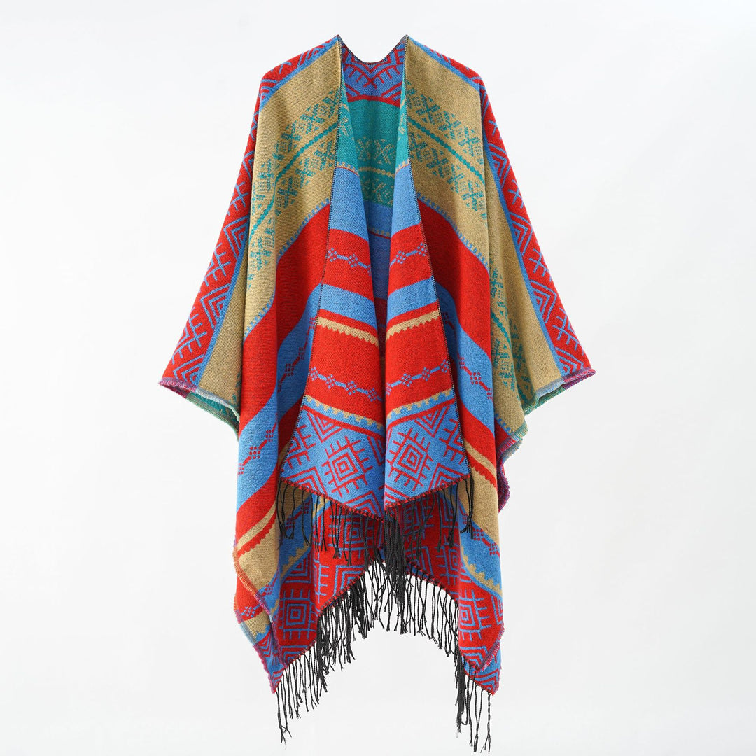 Damen Woven Jacquard-Poncho mit geometrischem Ethno-Muster und Fransensaum Shop Nory