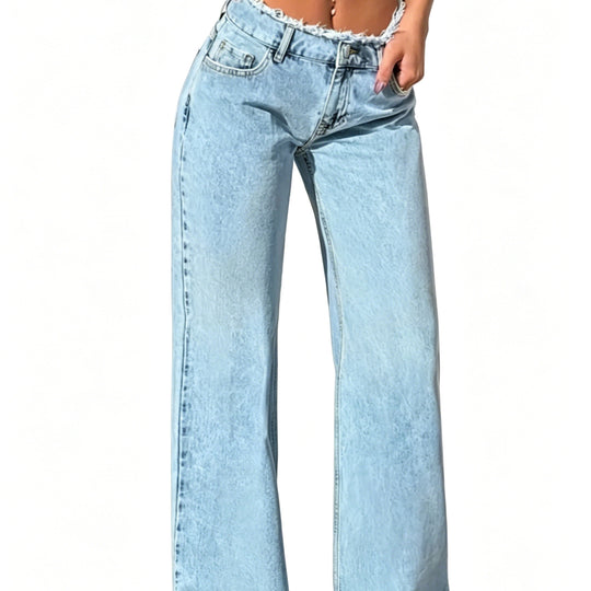 Damen High-Waist Schlagjeans mit rohem Bund und weitem Bein Shop Nory
