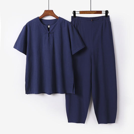 Herren Zweiteiliges Set mit Kurzarm-Stehkragenhemd und elastischer Haremshose Shop Nory