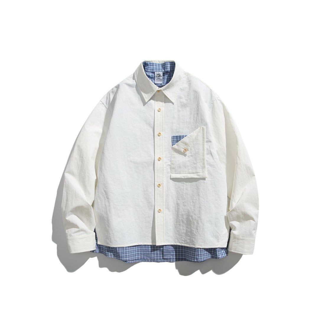 Herren Boxy-Overshirt im Layer-Look mit kariertem Innenfutter, Brusttasche und Holzknöpfen Shop Nory