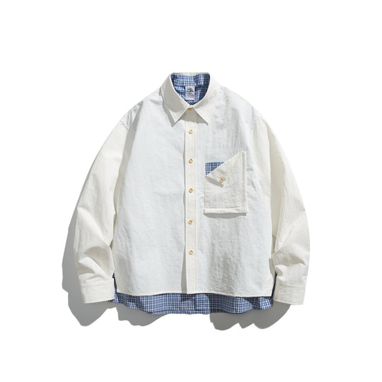 Herren Boxy-Overshirt im Layer-Look mit kariertem Innenfutter, Brusttasche und Holzknöpfen Shop Nory