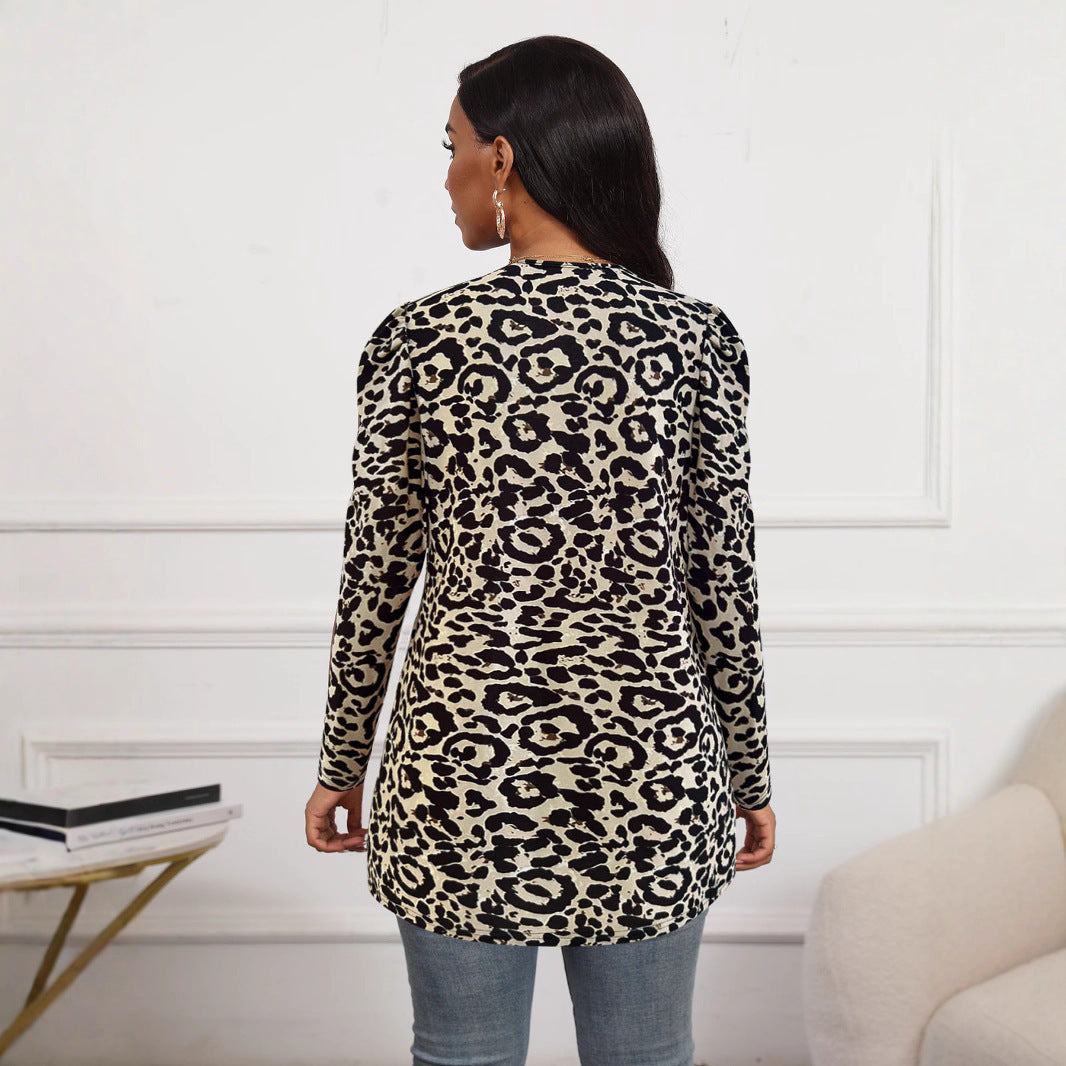 Damen Offene Leoprint Longjacke mit Puffärmeln, leichter WShop Noryqualität und fließender A‑Linie Shop Nory