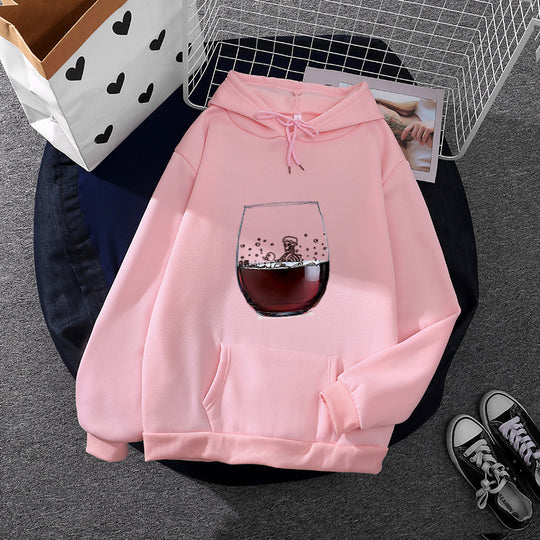 Damen nan lässiger Kapuzenhoodie mit fotorealistischer Weinglas‑Grafik, Kängurutasche und weichem Fleece Shop Nory