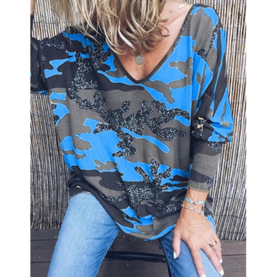Damen Oversize V‑Ausschnitt Longshirt mit Camouflage‑Print und Glitzerbesatz Shop Nory