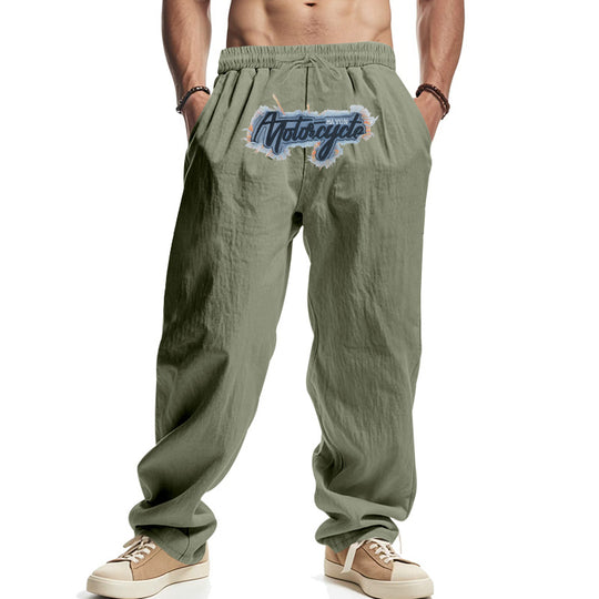 Herren Locker sitzende Leinenoptik-Relaxhose mit elastischem Bund, Kordelzug & Frontprint Shop Nory