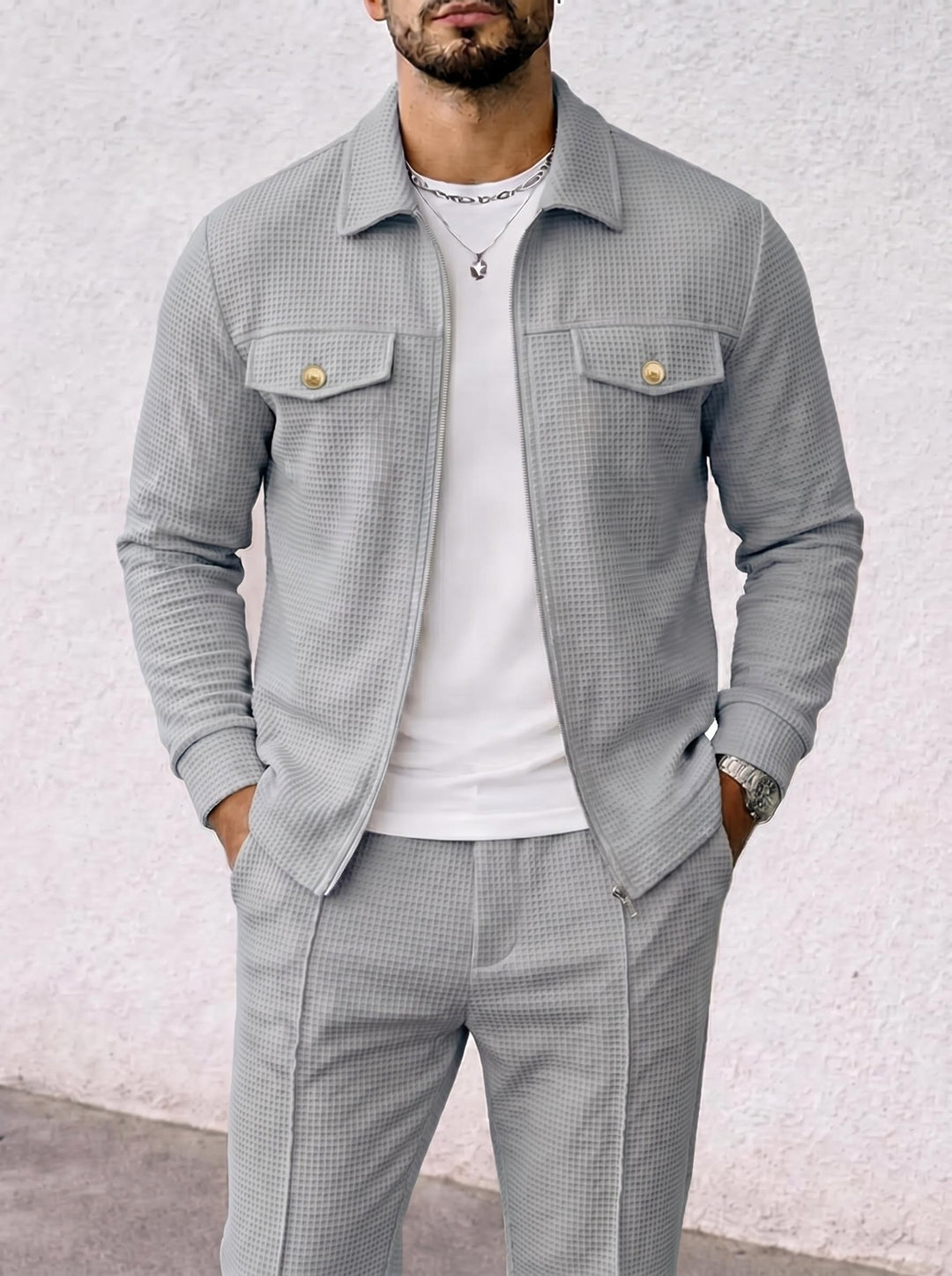 Herren strukturierte Overshirt-Jacke mit Waffelstruktur, Pattentaschen und verdecktem Reißverschluss Shop Nory
