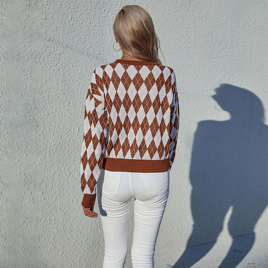 Damen Rauten-Strickpullover mit relaxed Fit und Rundhalsausschnitt Shop Nory
