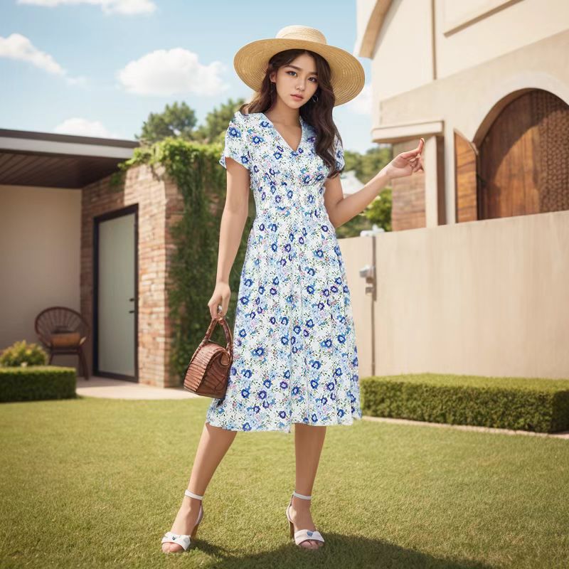 Damen Elegantes Maxikleid mit floralen Akzenten und leichtem V-Ausschnitt Shopnory