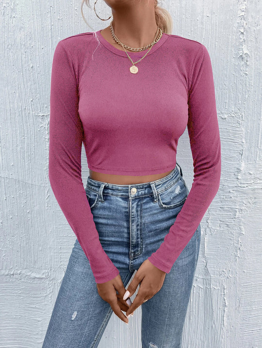 Damen figurnahes geripptes Crop-Longsleeve mit Rundhalsausschnitt und formstabiler Stretchfaser Shop Nory