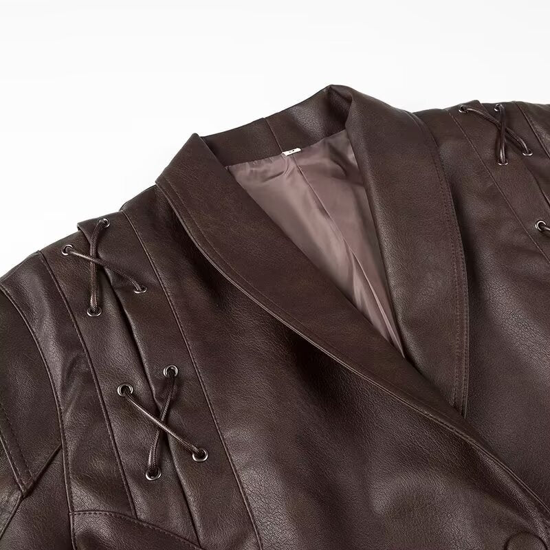 Damen Kurzblazer-Lederjacke mit Schalkragen, Taillengürtel und Schnürdetail Shop Nory