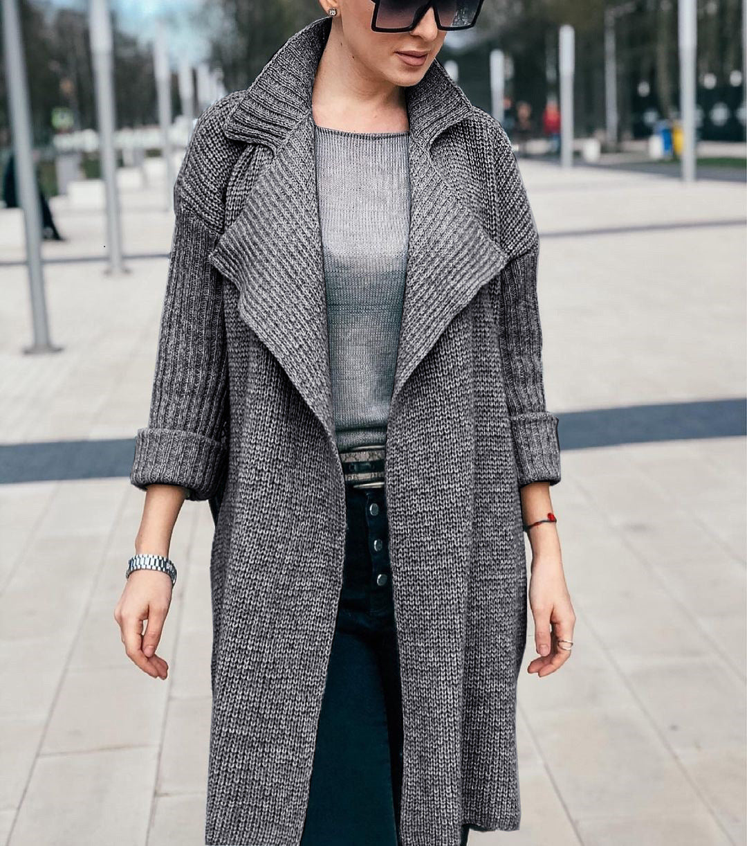 Damen Langer Offener Strickmantel mit Schalkragen und Umschlagärmeln Shop Nory
