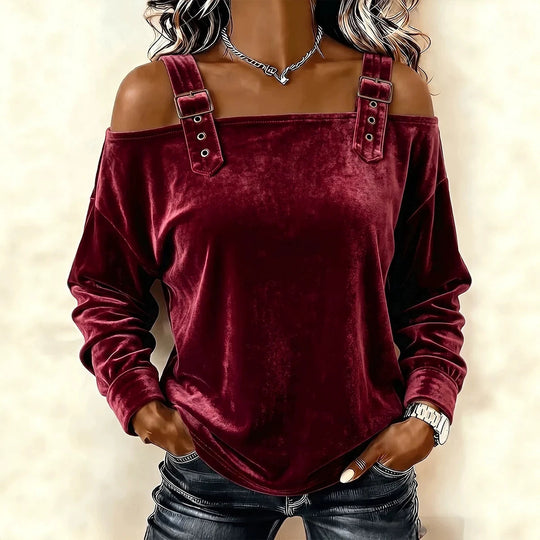 Damen Schulterfreies Samtshirt mit verstellbaren Gurt‑Trägern und lässiger Oversize‑Passform Shop Nory
