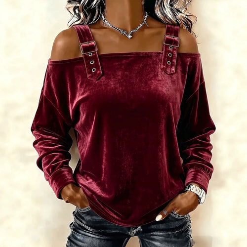 Damen Schulterfreies Samtshirt mit verstellbaren Gurt‑Trägern und lässiger Oversize‑Passform Shop Nory