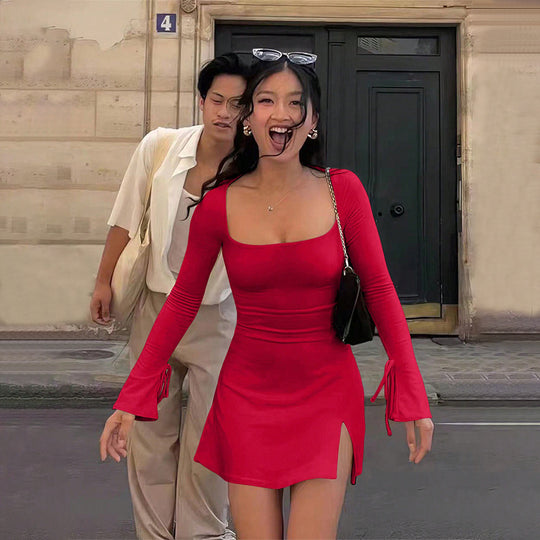 Damen figurbetontes Minikleid mit quadratischem Ausschnitt langen Ärmeln Bindbändern an den Ärmelabschlüssen und seitlichem Schlitz Shop Nory