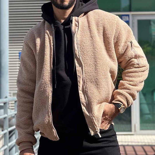 Herren Teddy-Fleece Bomberjacke mit Reißverschluss und Ärmeltasche Shop Nory