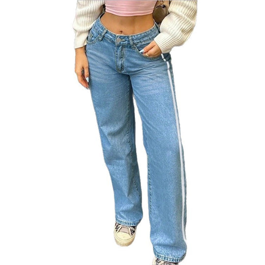Damen weite High-Waist Denim-Jeans mit seitlichem Kontraststreifen Shop Nory