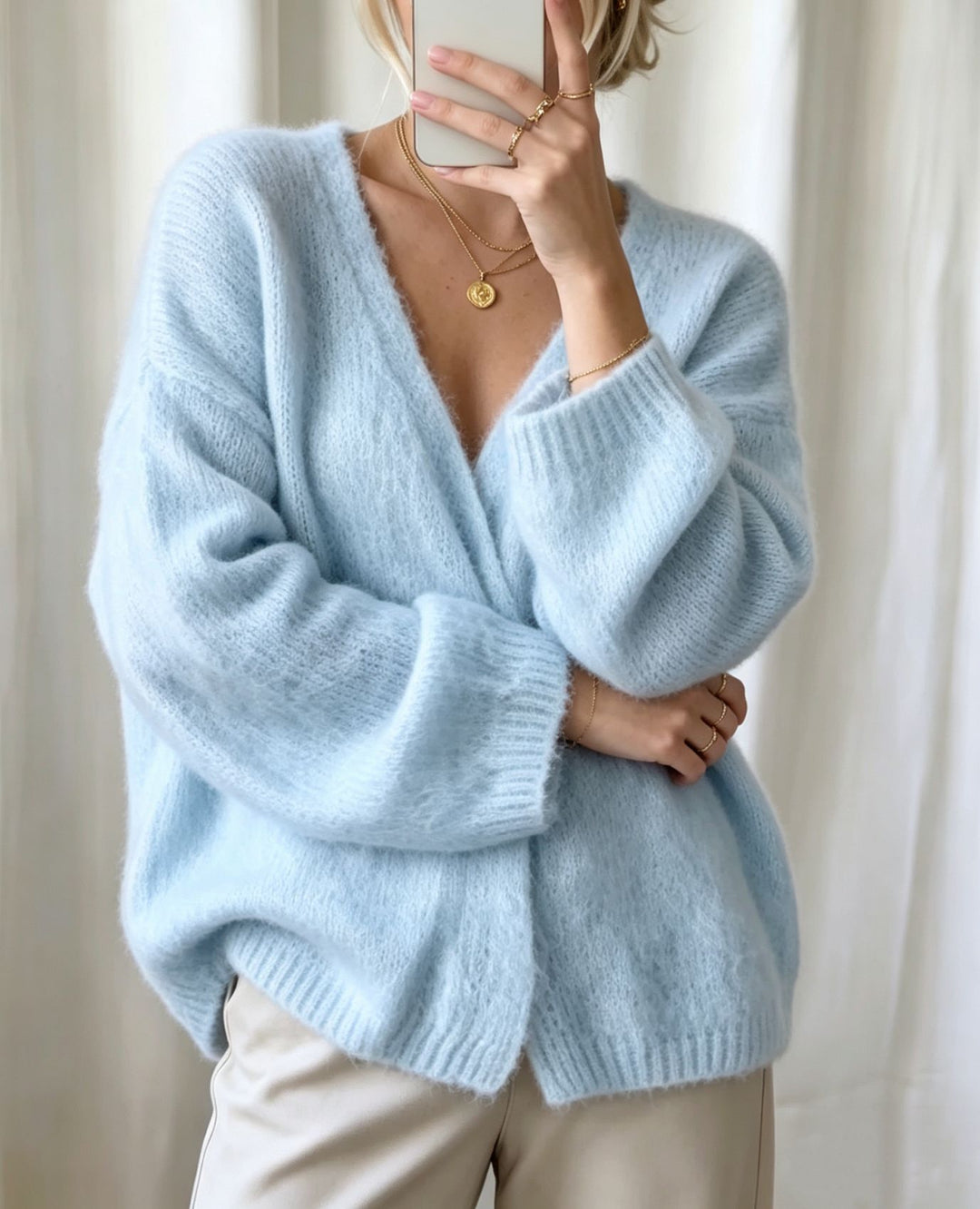 Damen Offener Fluffy-Feinstrick-Cardigan mit tiefem V‑Ausschnitt und legerer Oversize‑Silhouette Shop Nory