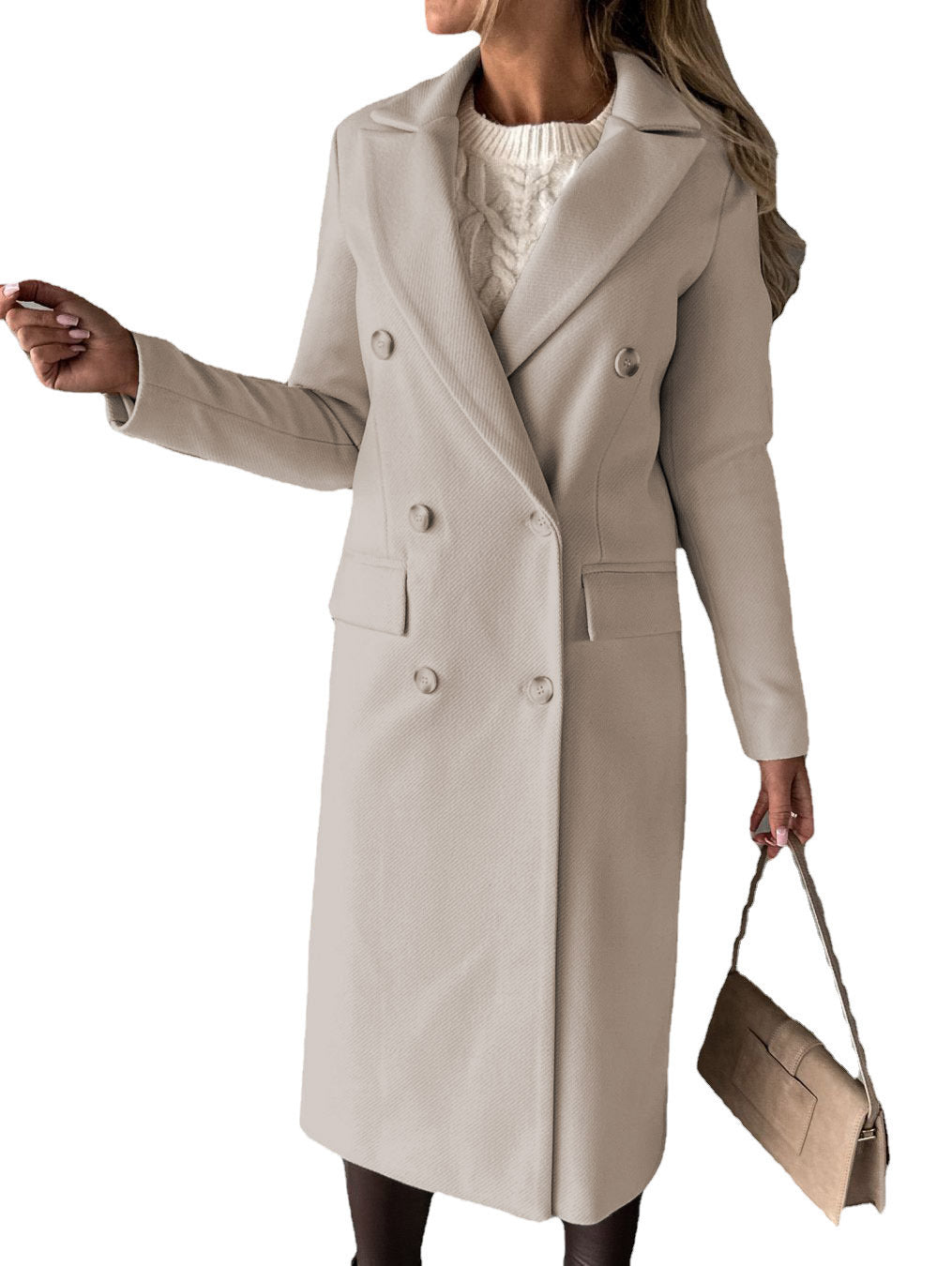 Damen Doppelreihiger Midilanger Wollmantel mit Reverskragen und taillierter Silhouette Shop Nory