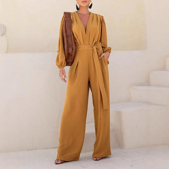 Damen Eleganter Palazzo-Jumpsuit mit tiefem V‑Ausschnitt, Bindegürtel und Ballonärmeln Shop Nory