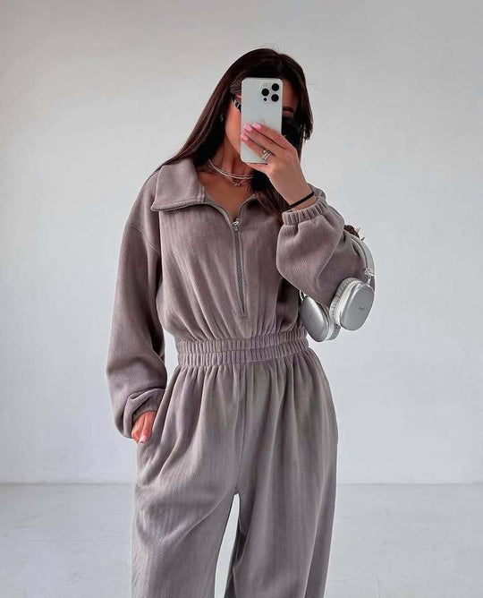 Damen kuscheliger Plüsch-Jumpsuit mit halbem Reißverschluss und elastischer Taille Shop Nory
