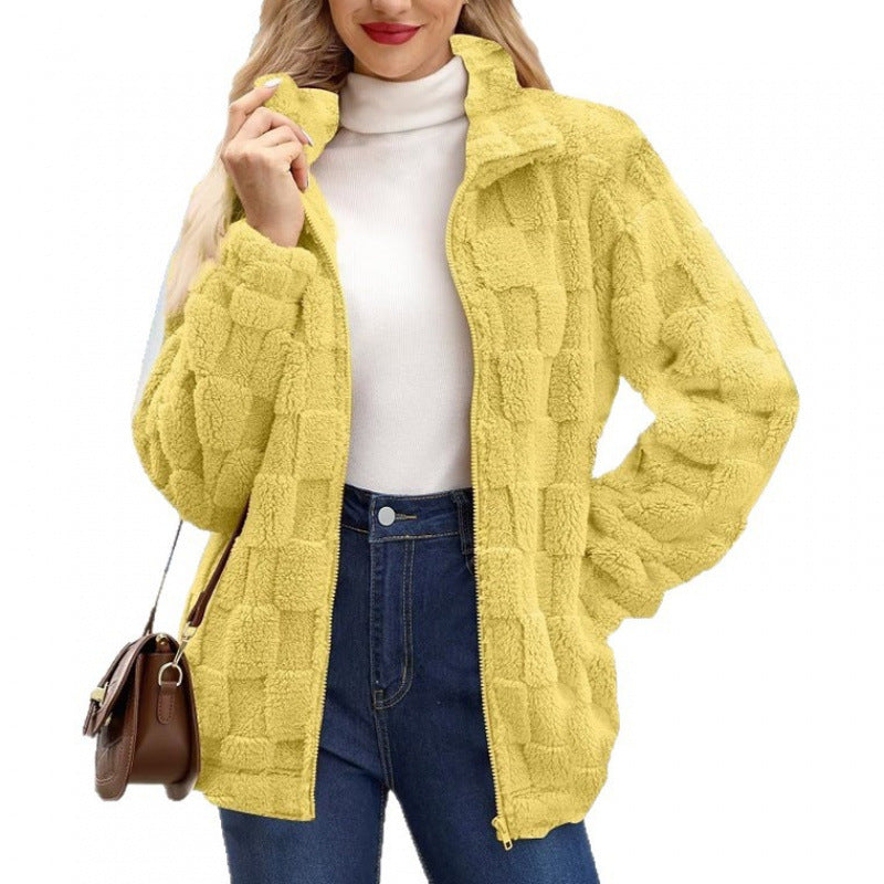 Damen Teddyjacke mit Karo-Struktur, Stehkragen und Reißverschluss Shop Nory