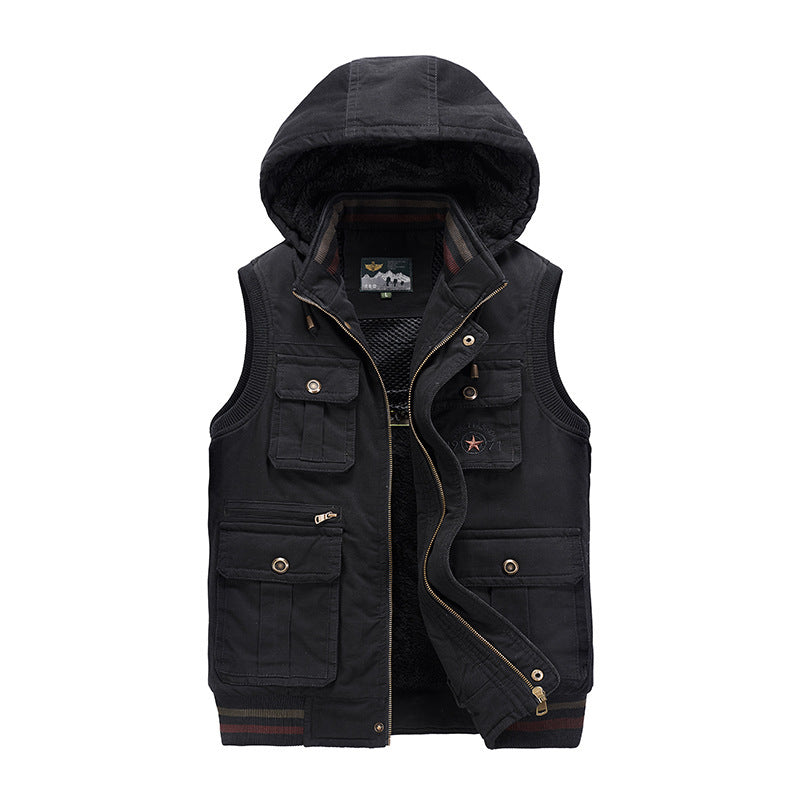 Herren Ärmellose Canvas-Weste mit Kapuze, Teddyfutter und Multifunktions-Taschen Shop Nory
