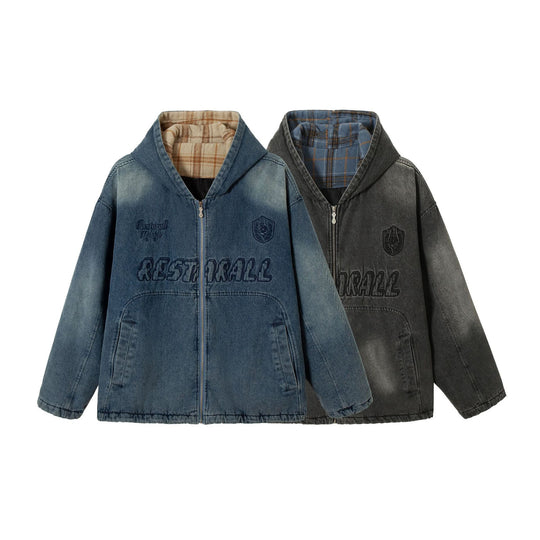 Herren Washed-Denim Kapuzenjacke im Oversize-Look mit kariert gefütterter Kapuze Shop Nory