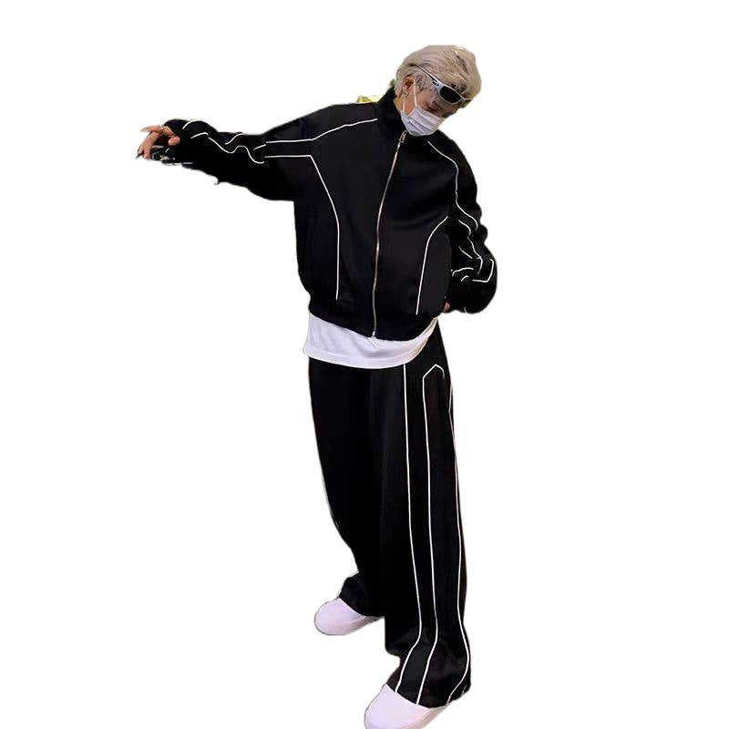Unisex Oversize-Trainingsanzug-Set mit Kontrastpaspel, Reißverschlussjacke und weiter Bundhose Shop Nory
