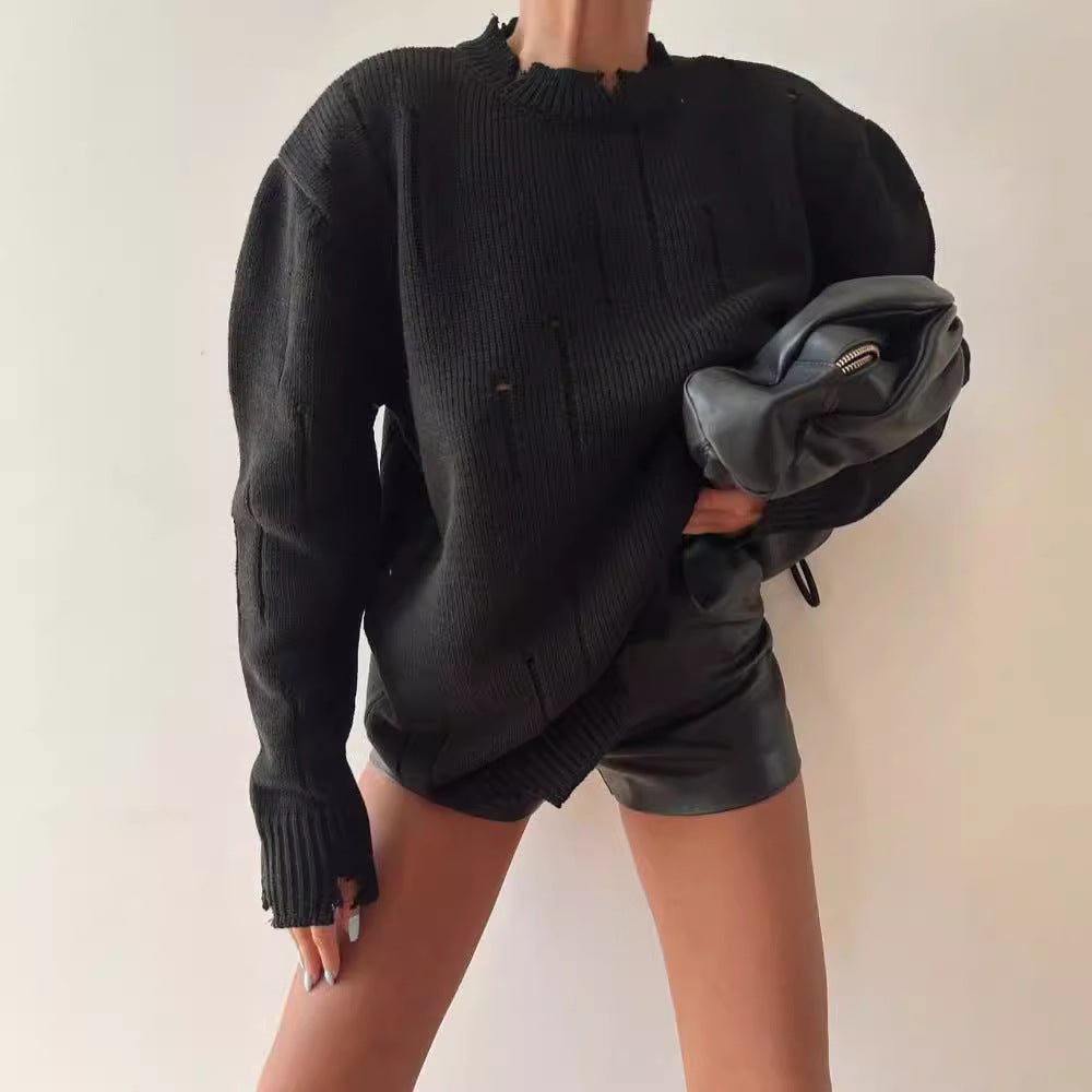 Damen Oversized Grobstrickpullover mit Distressed-Details und geripptem Saum Shop Nory