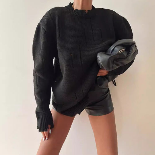 Damen Oversized Grobstrickpullover mit Distressed-Details und geripptem Saum Shop Nory