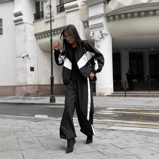 Damen sportives Zweiteiler-Set aus Oversize-Trackjacke mit Reißverschluss und weitem Bundfalten-Hose Shop Nory