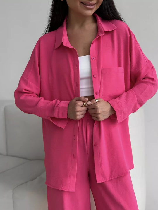 Damen Zweiteiliges Lounge-Set Oversize-Bluse mit Brusttasche und weiter Palazzo-Hose Shop Nory