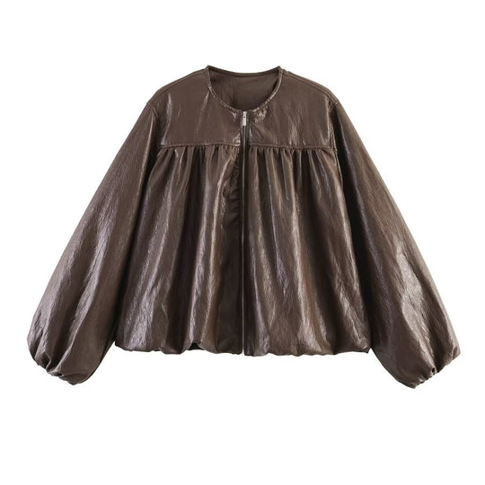 Damen Gekürzte Blousonjacke mit Ballonärmeln, geraffter Passe und Reißverschluss Shop Nory