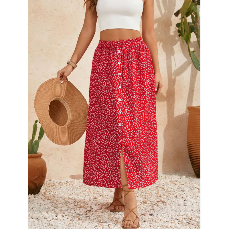 Damen Maxirock mit floralen Knopfdetails und seitlichem Schlitz Shopnory