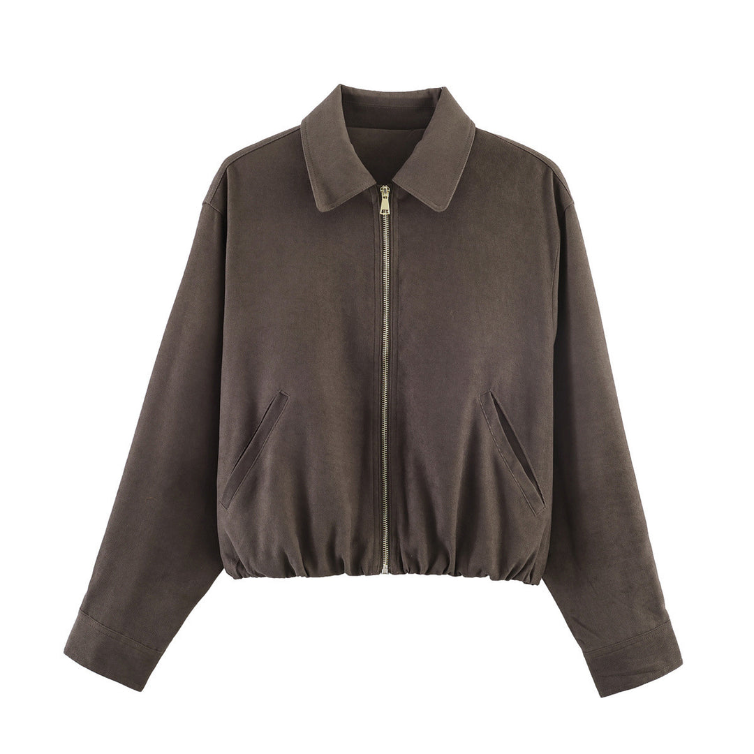 Damen Kurz geschnittene Veloursleder-Optik Bomberjacke mit Reißverschluss Shop Nory