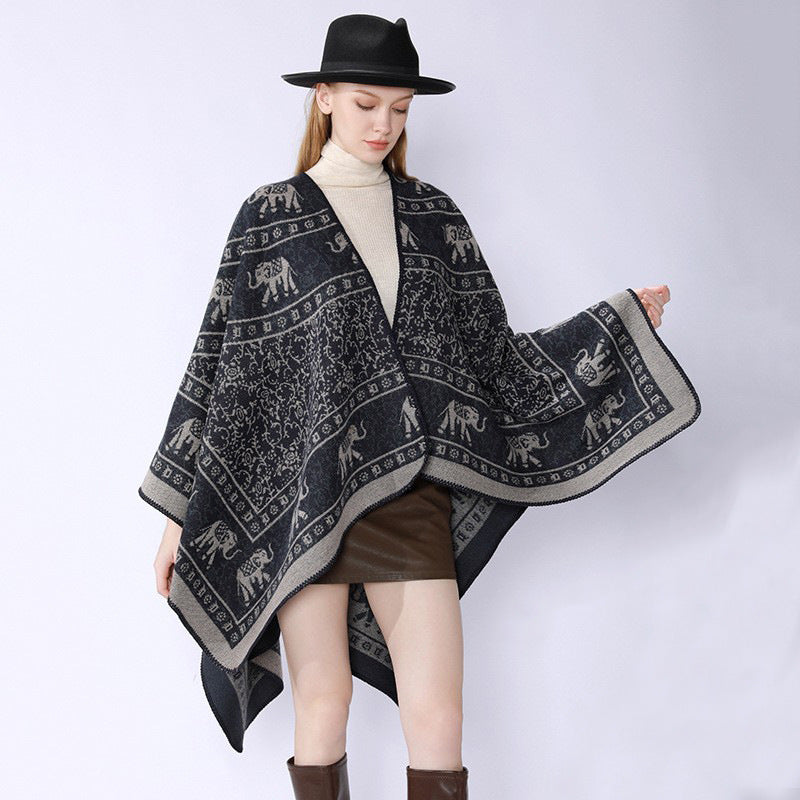 Damen Capeponcho im Wickelstil mit ornamentaler Jacquardstruktur und offenem Kimono-Fall Shop Nory