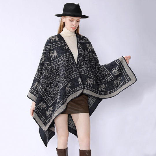 Damen Capeponcho im Wickelstil mit ornamentaler Jacquardstruktur und offenem Kimono-Fall Shop Nory
