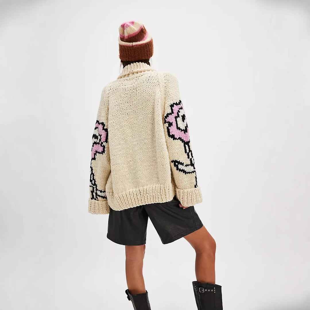 Damen Oversized Grobstrick-Cardigan mit Schalkragen, Blumenintarsien & Knopfleiste Shop Nory