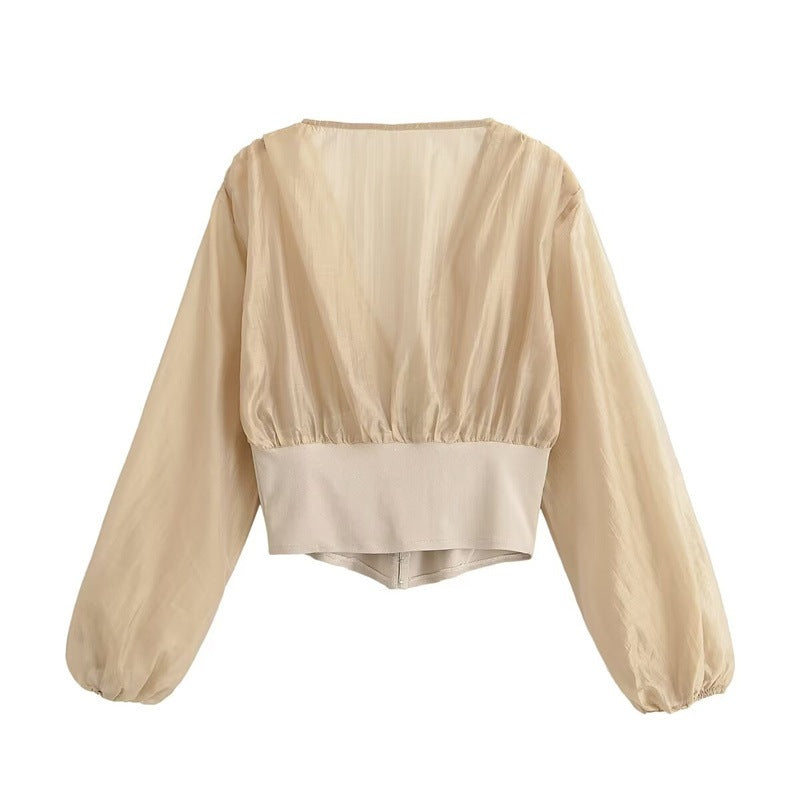 Damen Cropped Chiffon-Bluse mit tiefem V-Ausschnitt und tailliertem Korsettbund Shop Nory