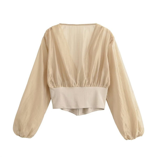 Damen Cropped Chiffon-Bluse mit tiefem V-Ausschnitt und tailliertem Korsettbund Shop Nory