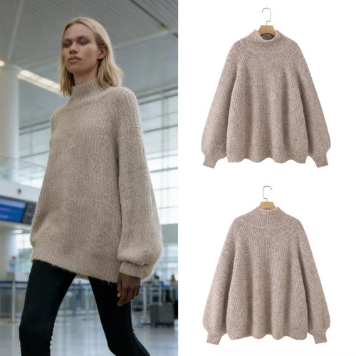 Damen Oversize Mohair-Optik Strickpullover mit Stehkragen und Ballonärmeln Shop Nory