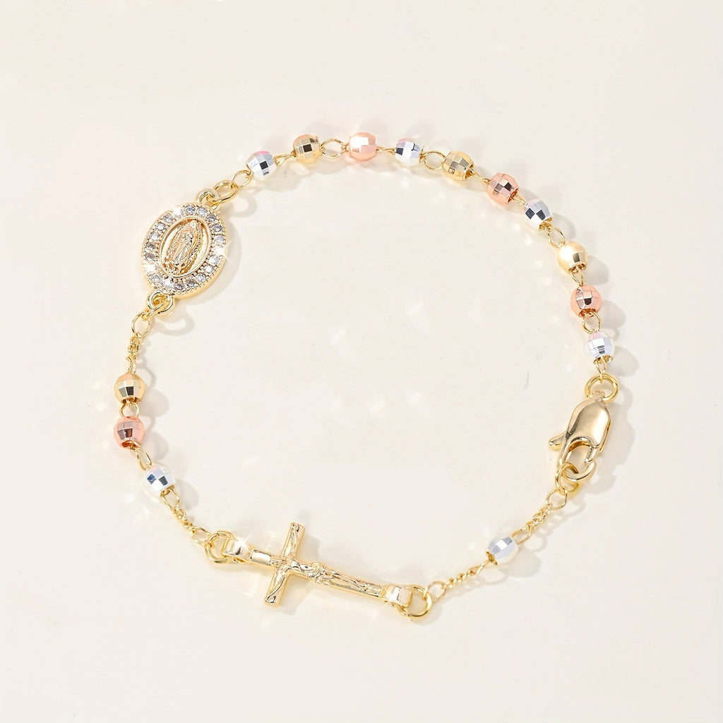 Filigranes Religiöses Armband mit Kreuz und Marienmedaille, Vergoldetes Edelstahl-Rosario