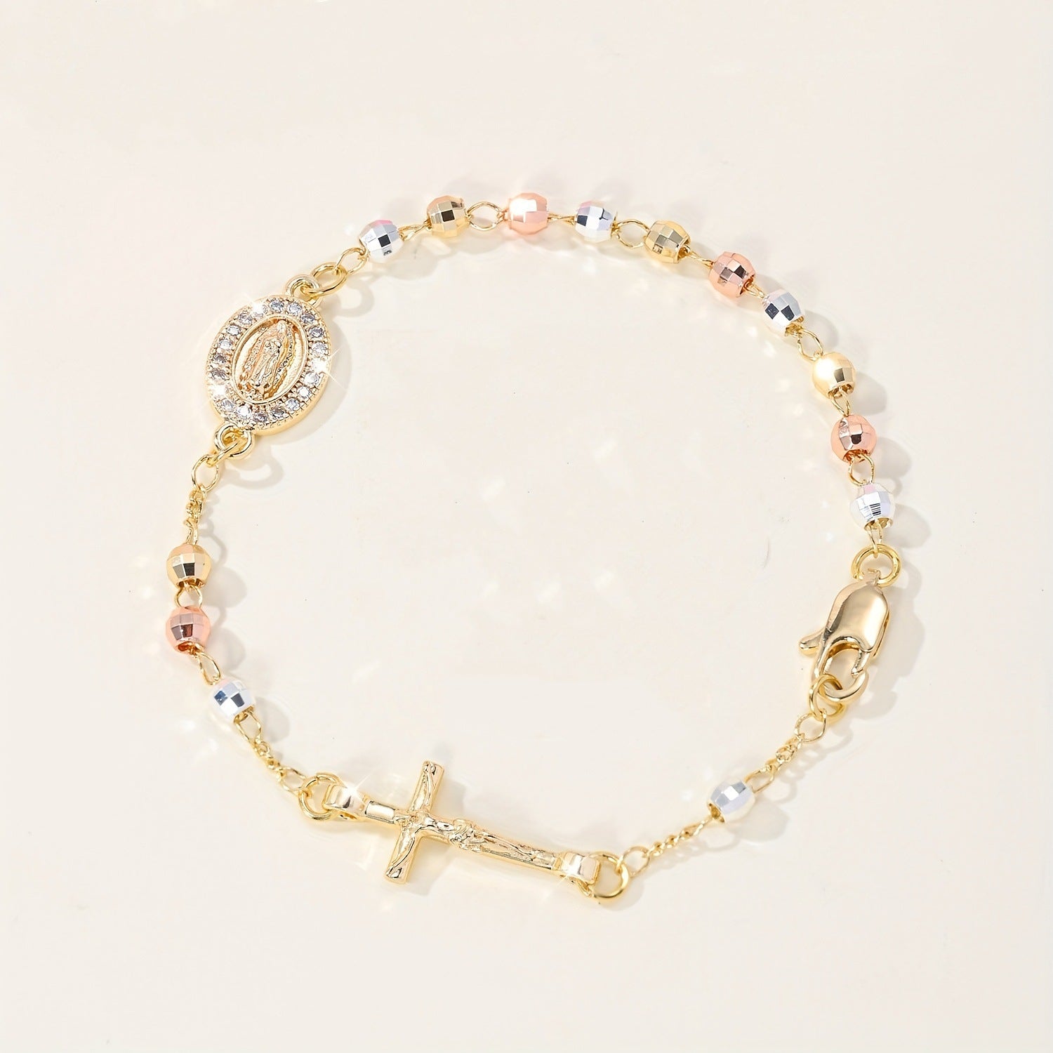Filigranes Religiöses Armband mit Kreuz und Marienmedaille, Vergoldetes Edelstahl-Rosario
