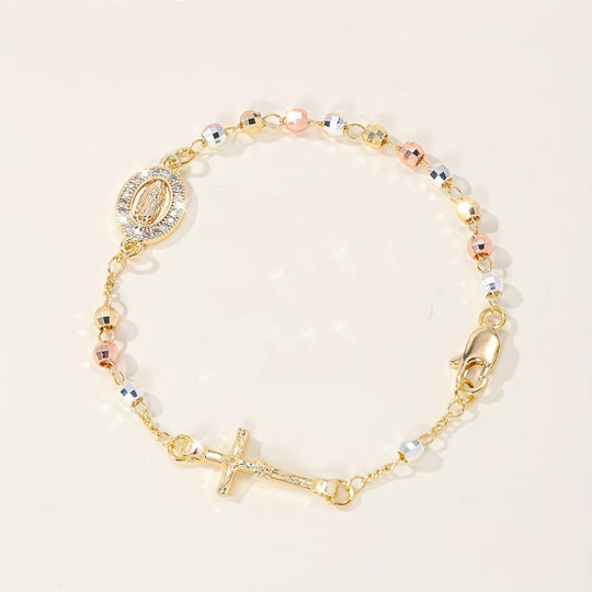 Filigranes Religiöses Armband mit Kreuz und Marienmedaille, Vergoldetes Edelstahl-Rosario