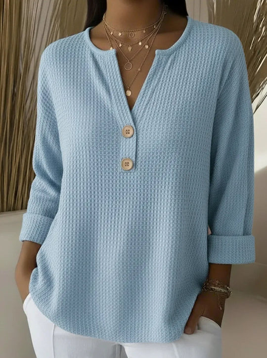 Damen nan Waffelstruktur Henley-Shirt mit V-Ausschnitt kurze Knopfleiste und krempelbaren 3/4-Ärmeln Shop Nory